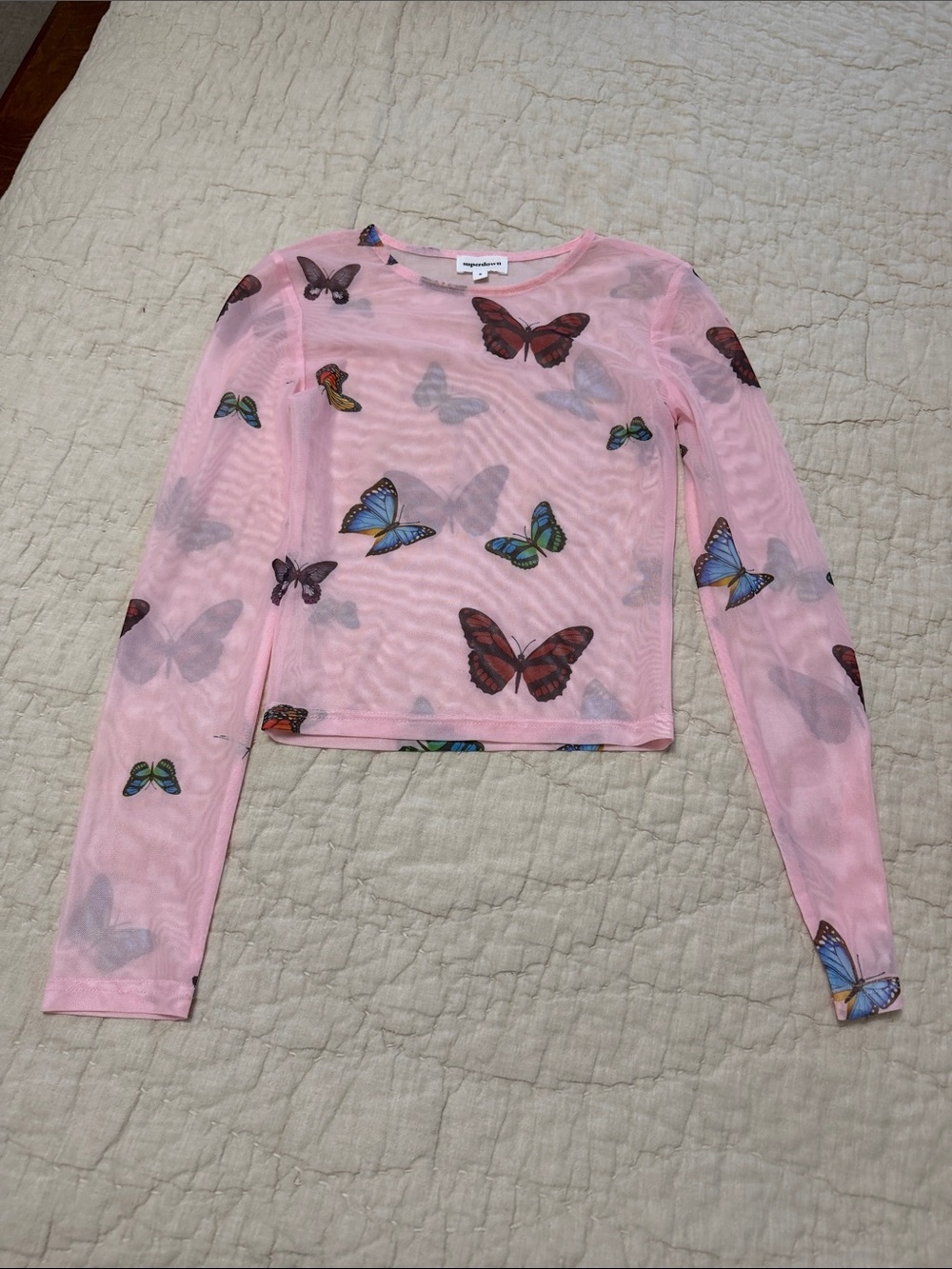 superdown Pink Butterfly Mesh Long Sleeve Top